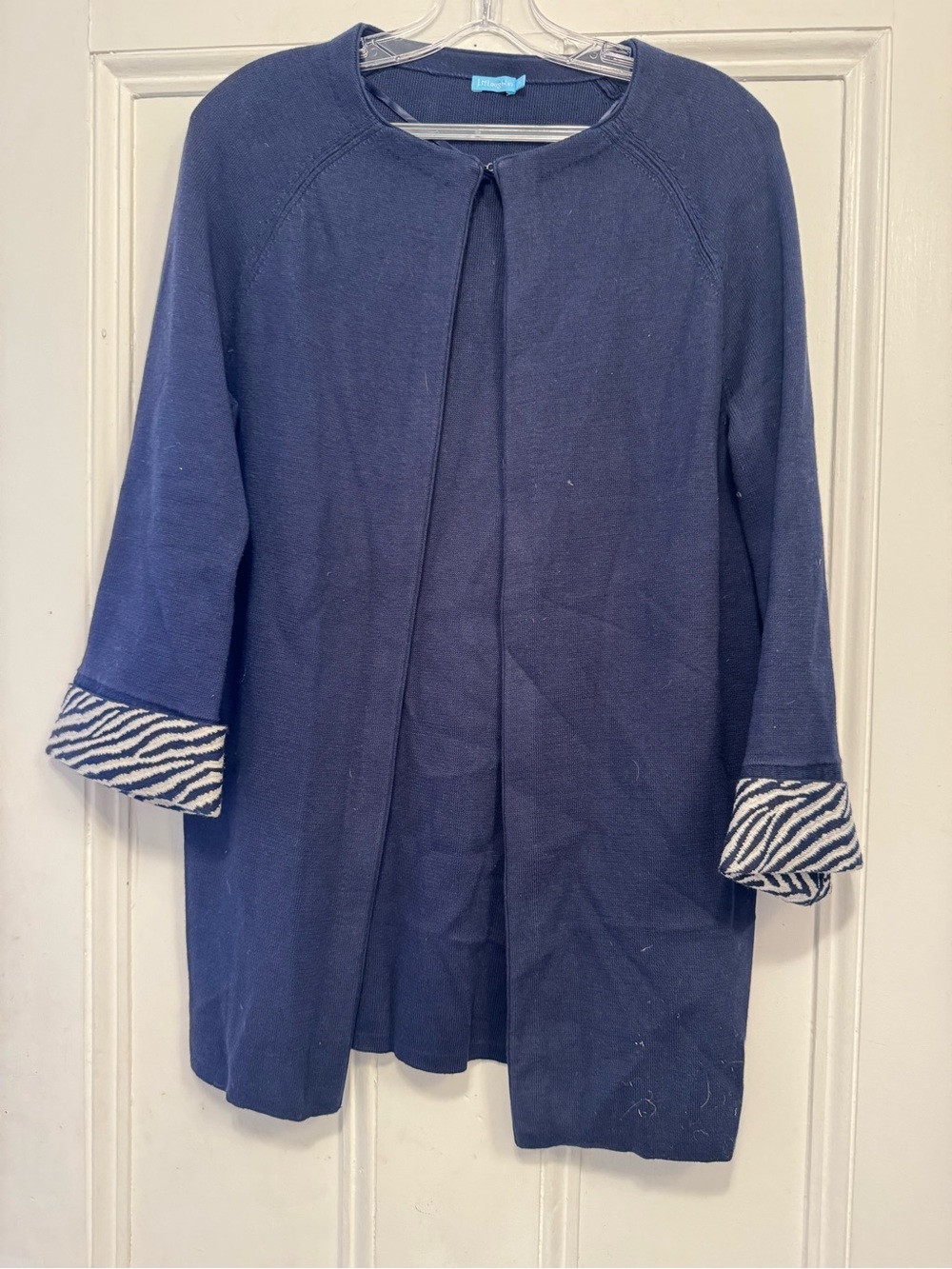 J. McLaughlin Navy Open-Front Coat with Zebra-Trim Cuffs